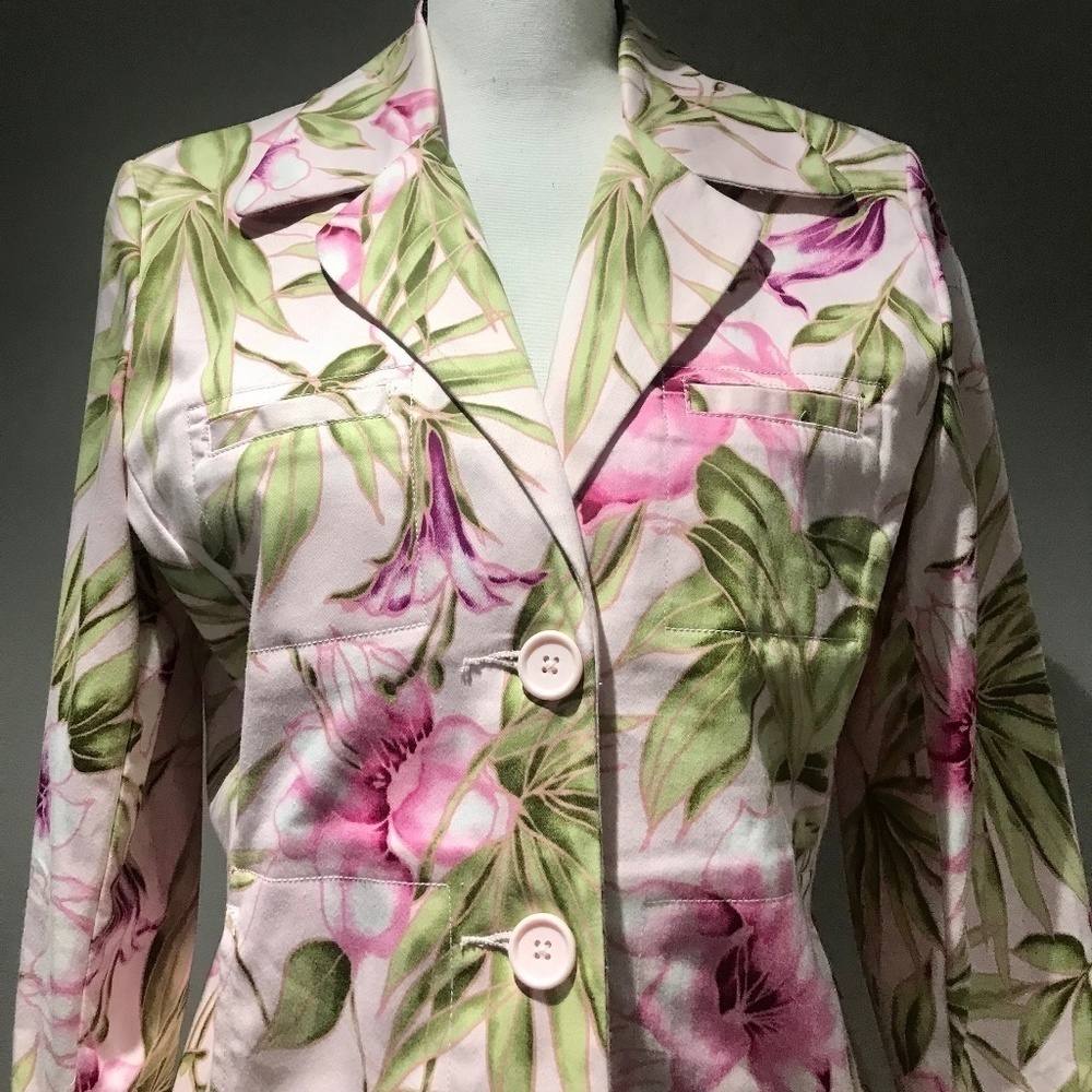 Jamaica Bay Vintage Hawaiian Hibiscus/Palm Floral Print Blazer Jacket Sz PM EUC